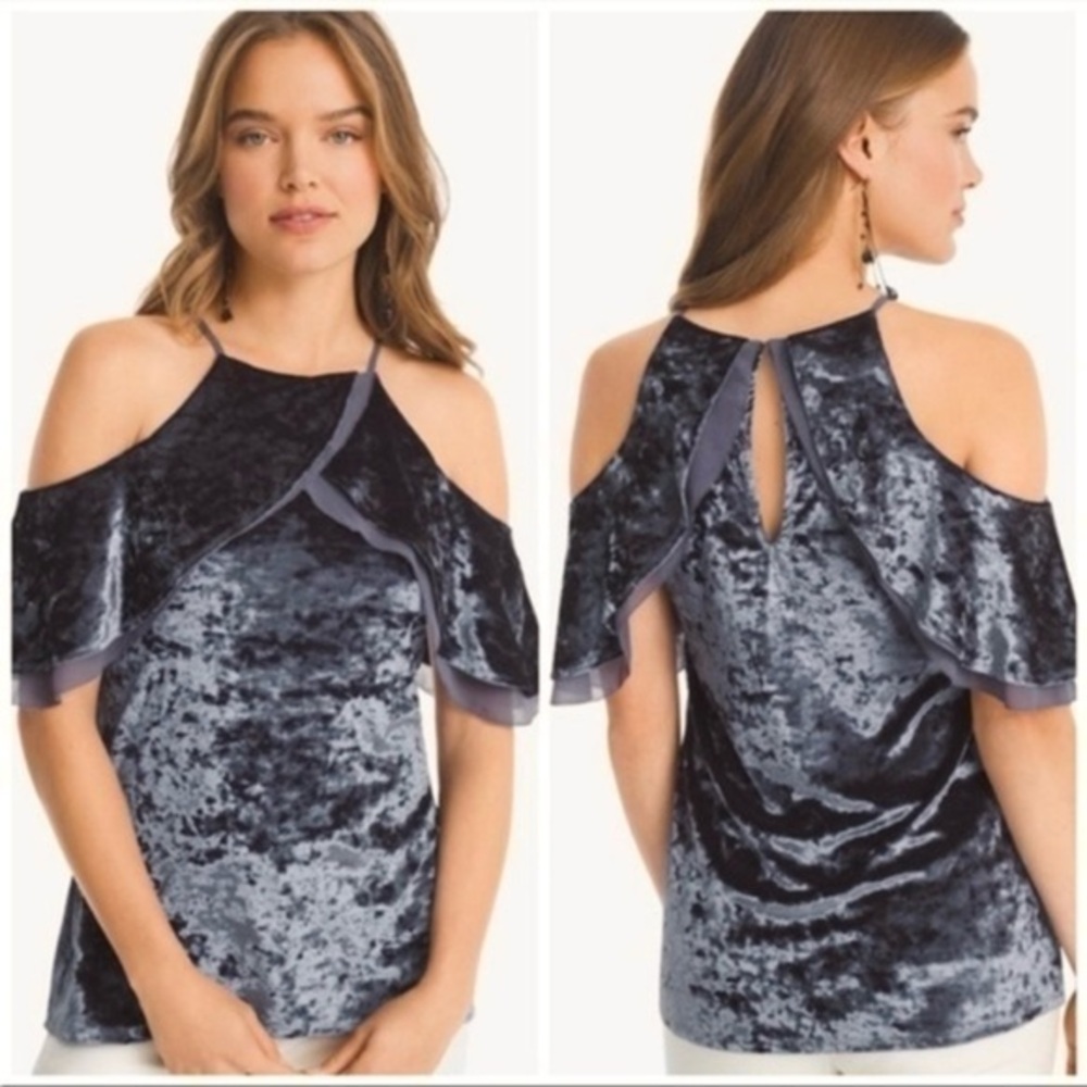 WHBM Top Purple Lavender Cold Shoulder Crushed Velvet Flounce S Party